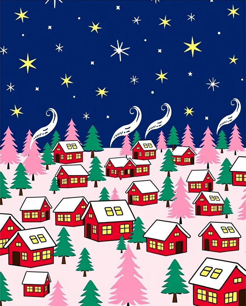 Whimsical Red Homes Starry Night Rug