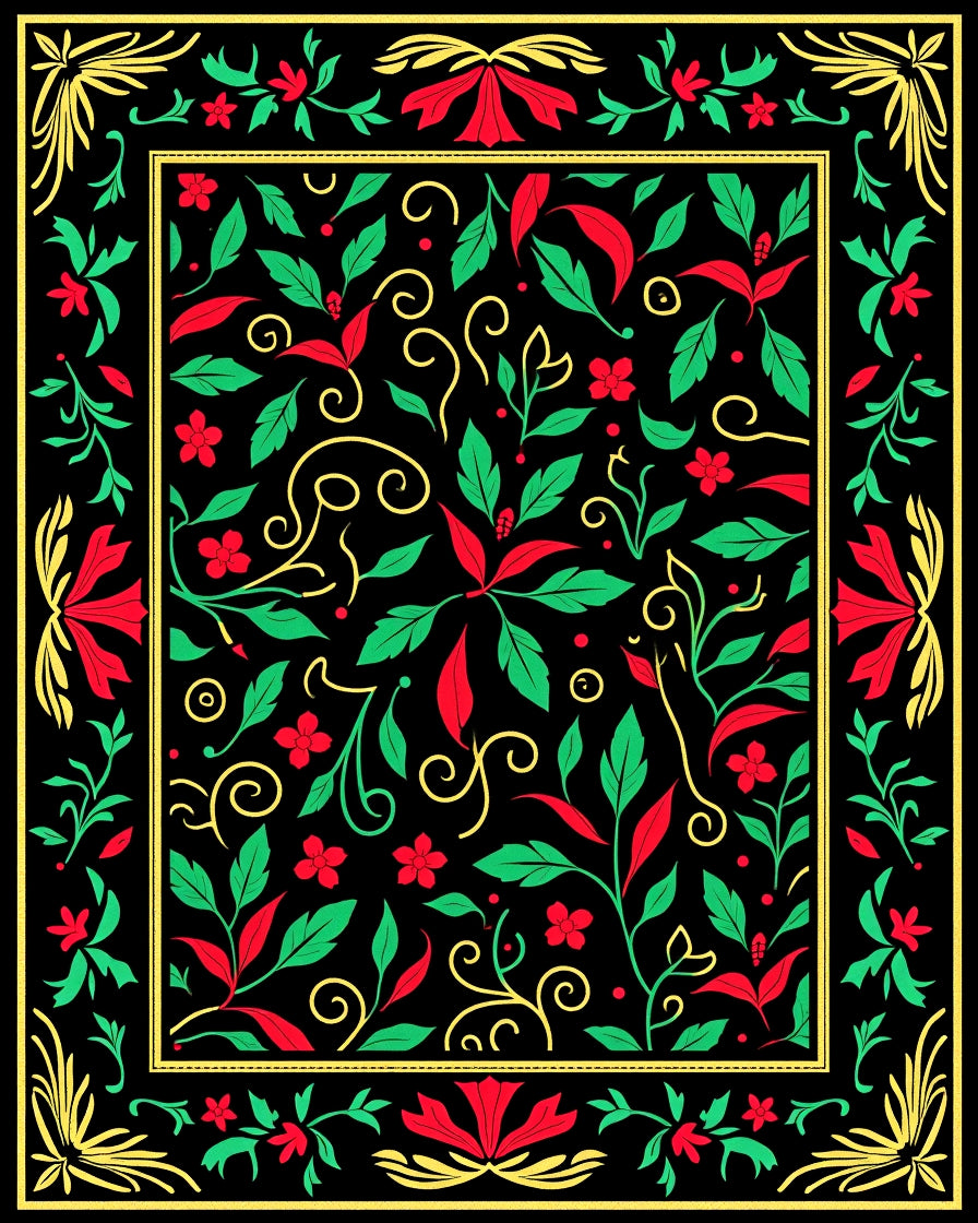 Black Red Green Floral Scroll Rug