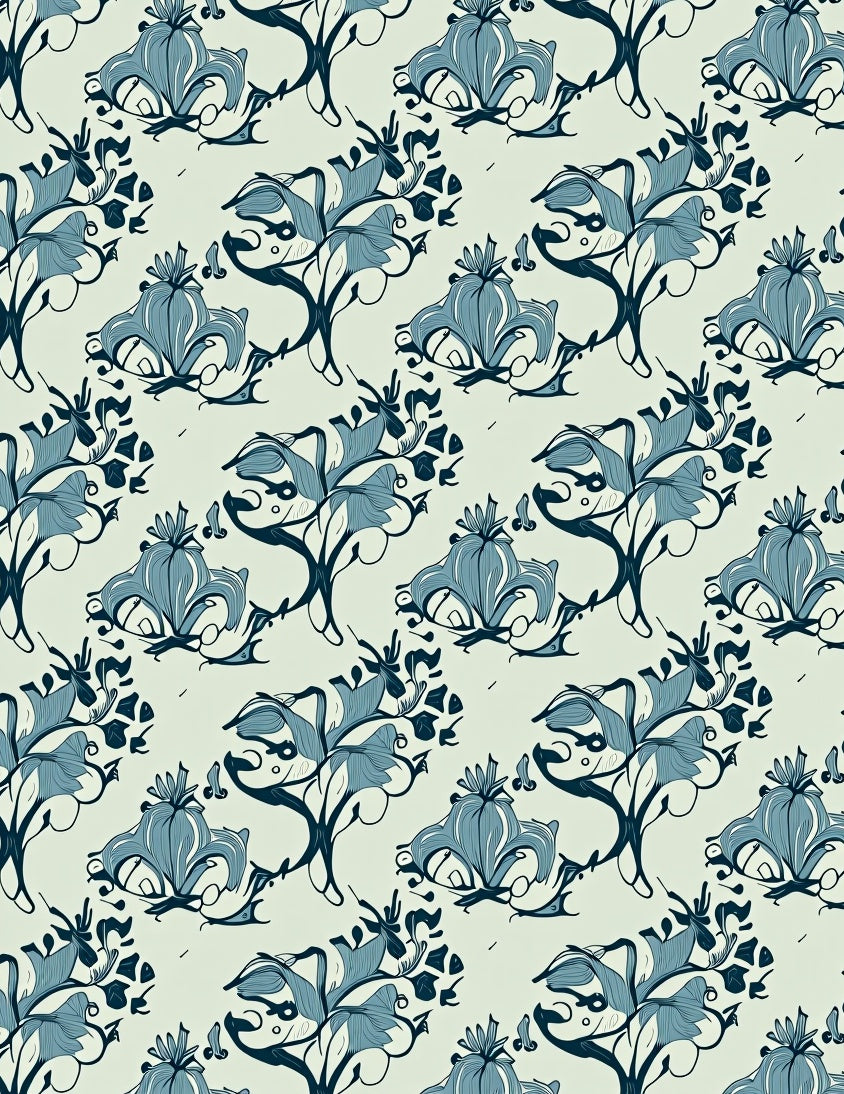 Art Nouveau Blue Floral Scroll Rug