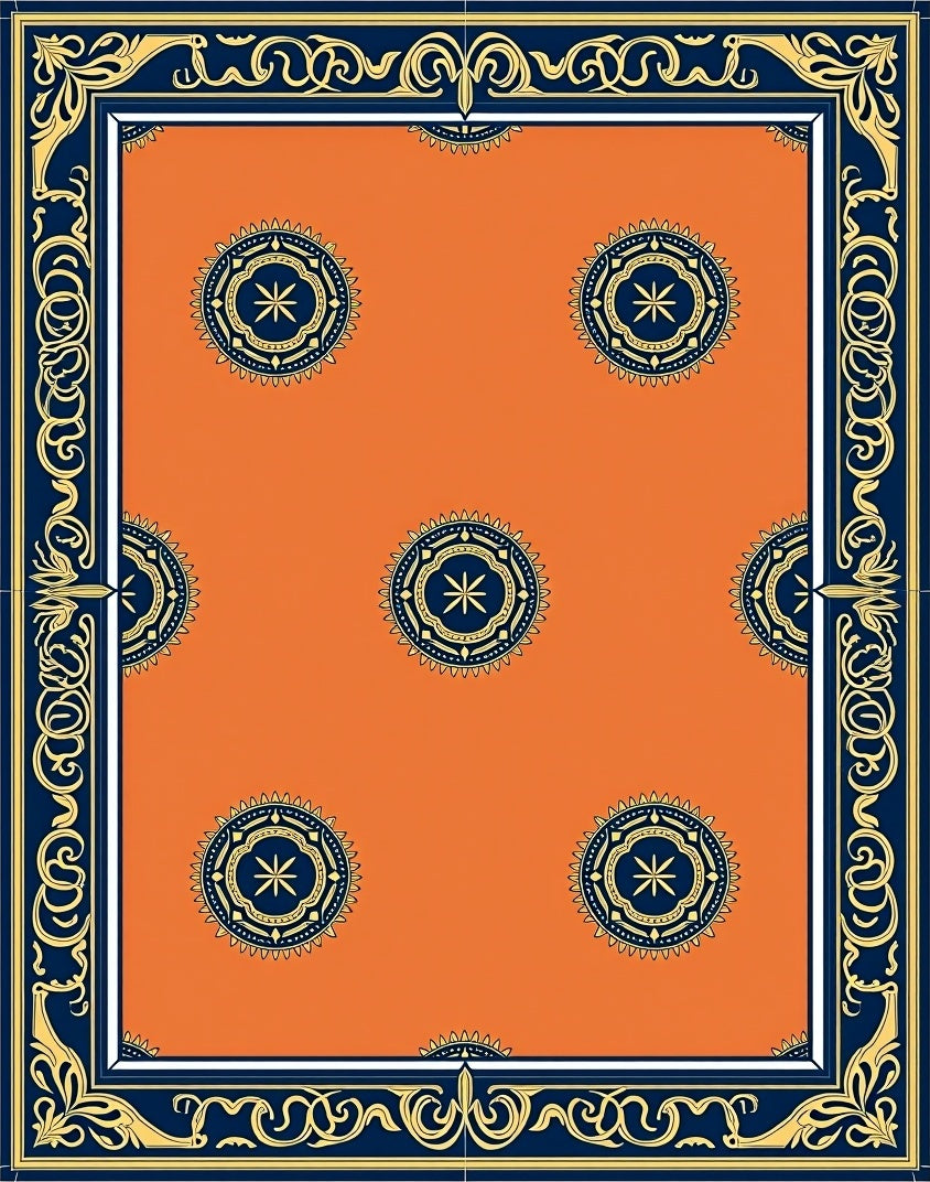 Orange Navy Gold Medallion Border Rug