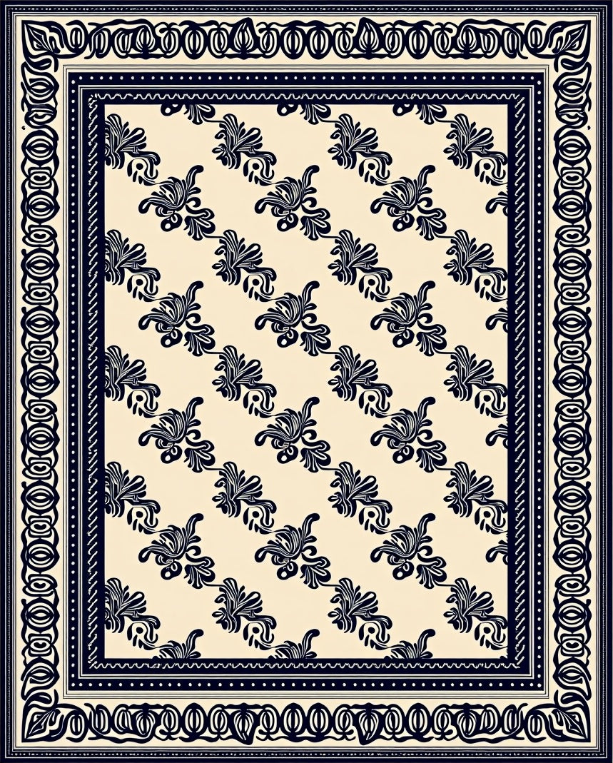 Classic Navy Floral Scroll Border Rug