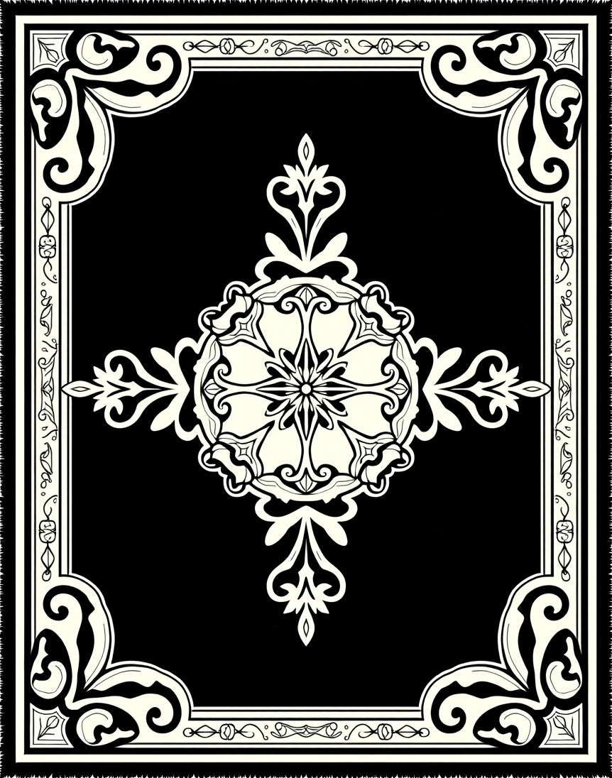 Ornate Black and Cream Medallion Rug