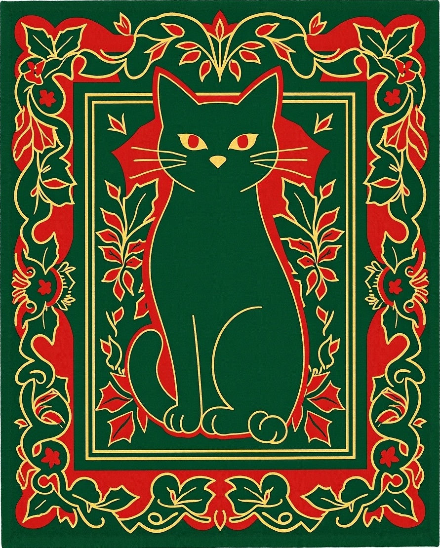 Emerald Green Sitting Cat Floral Frame Rug