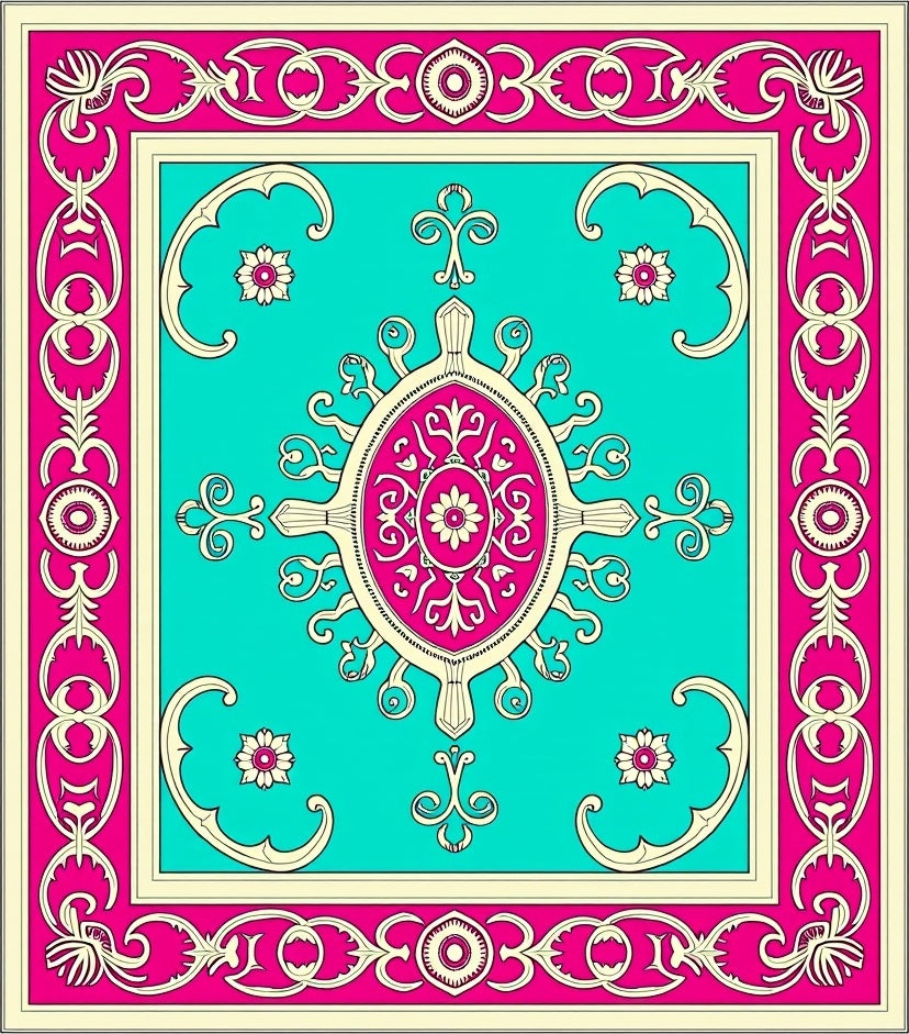 Vibrant Teal Pink Floral Medallion Rug