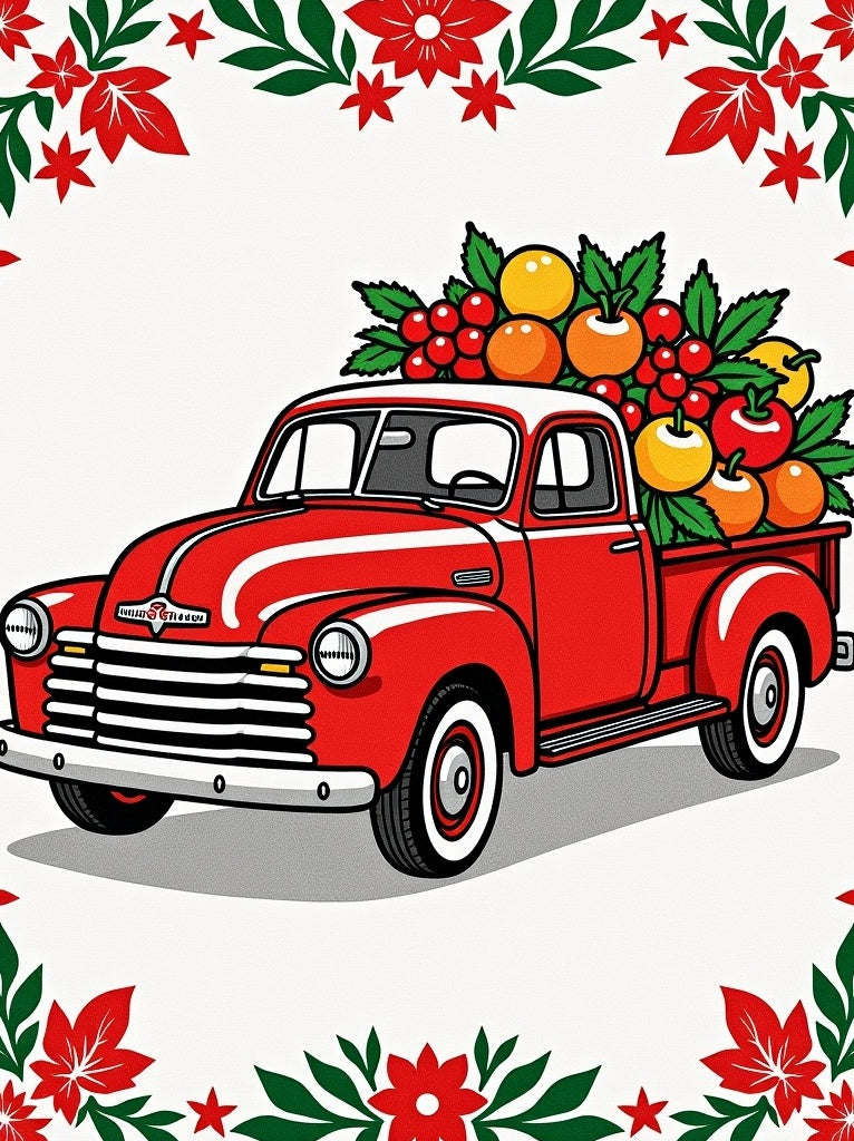 Red Vintage Truck Fruity Garland Rug
