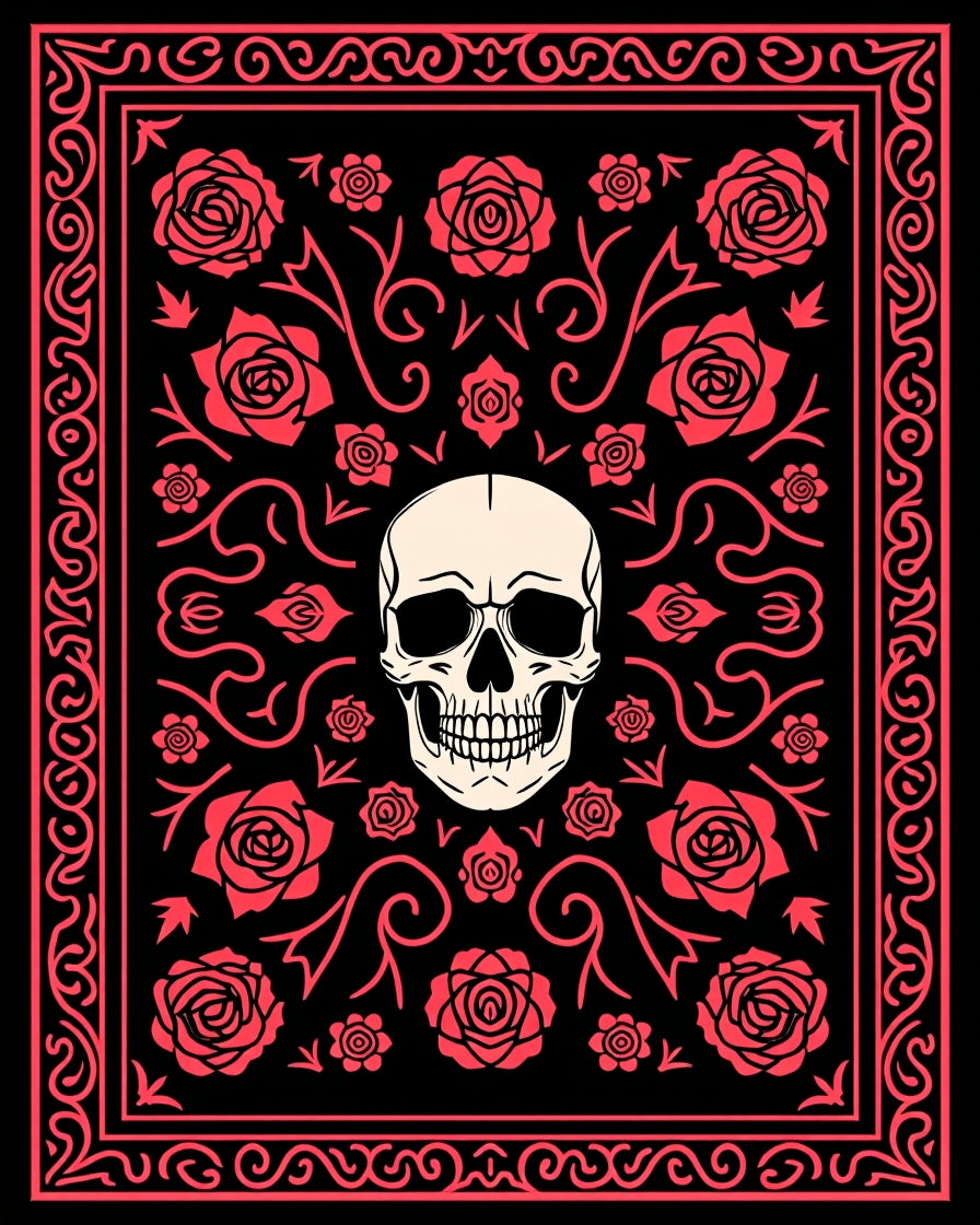 Crimson Skull and Rose Floral Border Rug