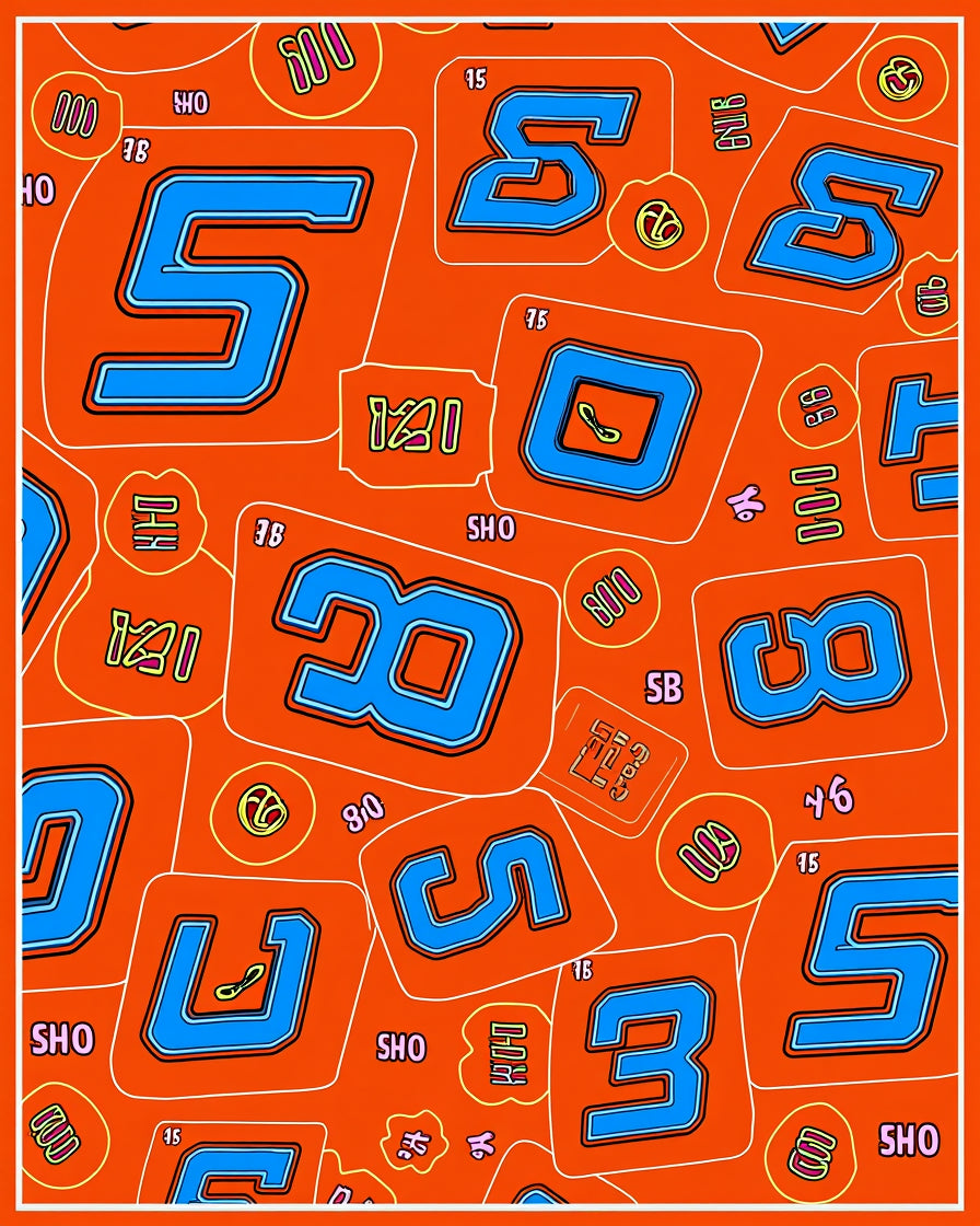Bold Blue Number Collage on Orange Rug