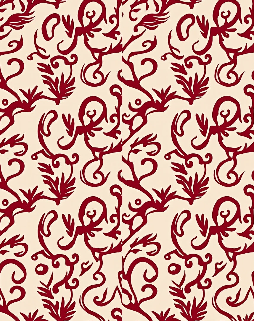 Crimson Swirl and Leaf Scroll Rug