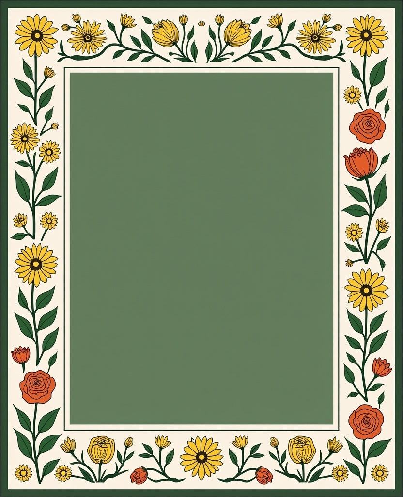 Yellow Orange Floral Vine Border Rug