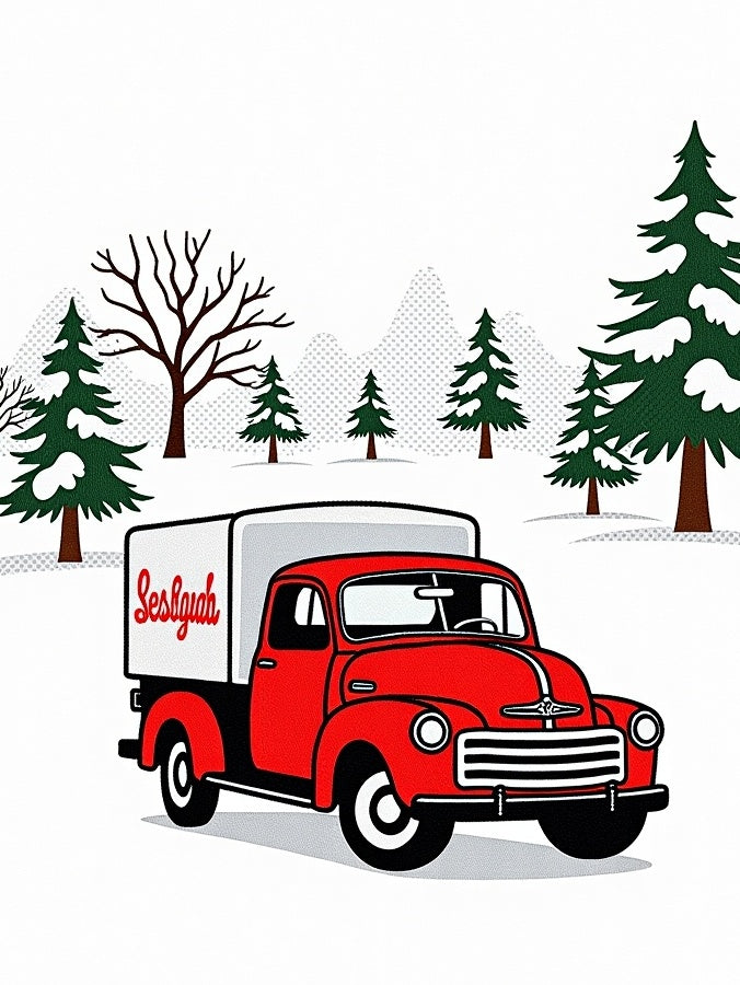 Vintage Red Christmas Truck Snowy Pines Rug