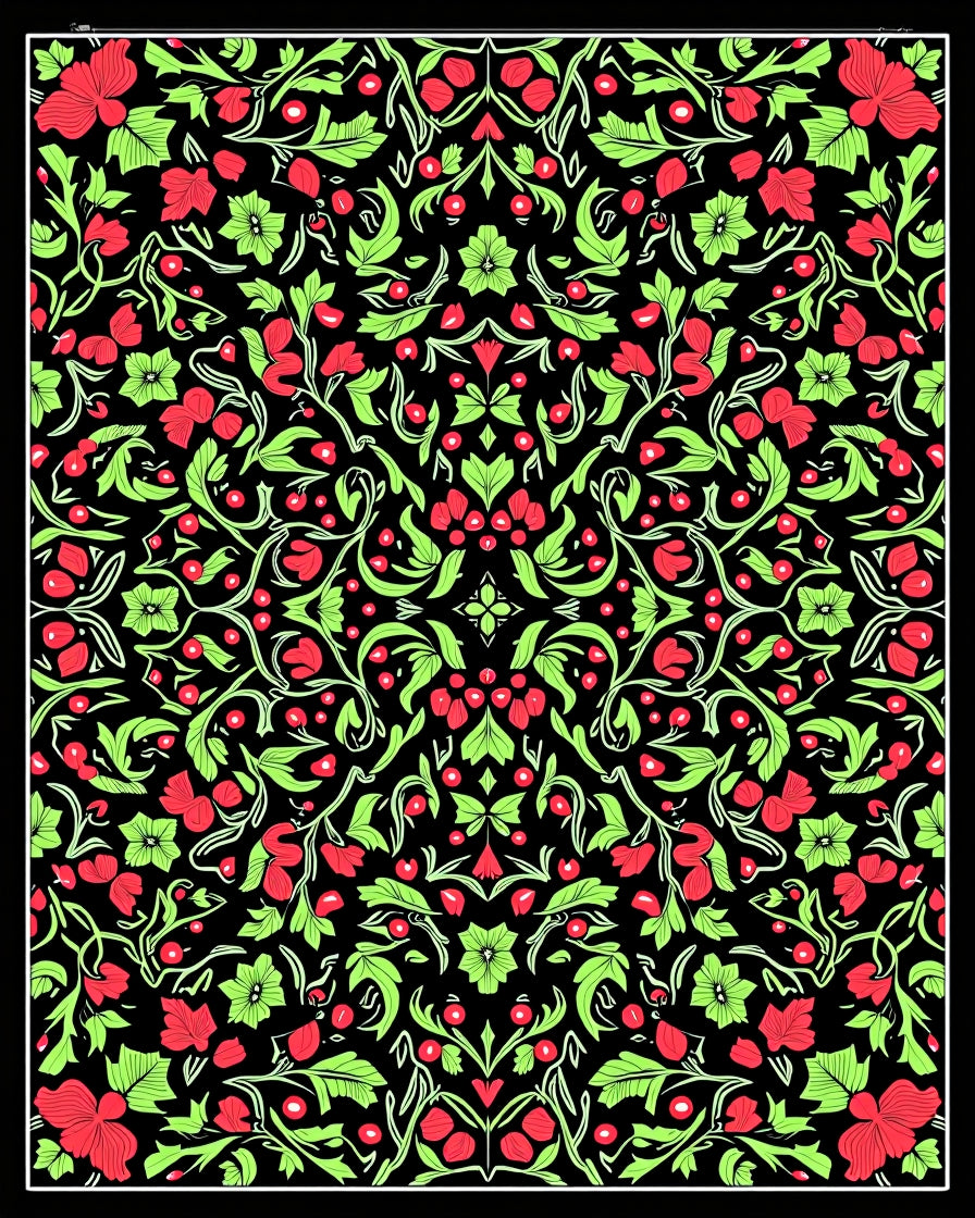 Black Floral Vine Red Berry Rug