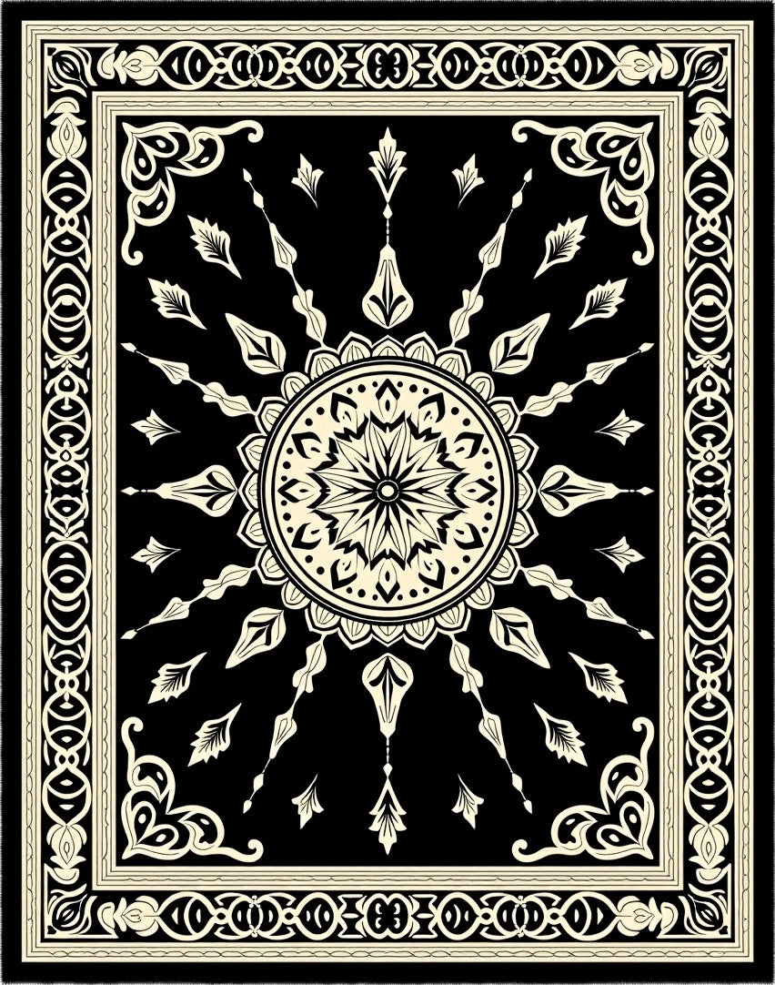 Black and Ivory Sunburst Medallion Rug