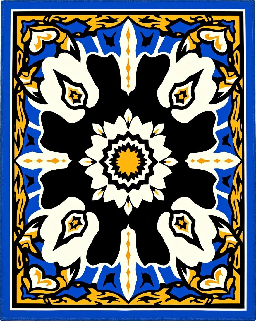 Bold Blue Yellow Floral Medallion Rug