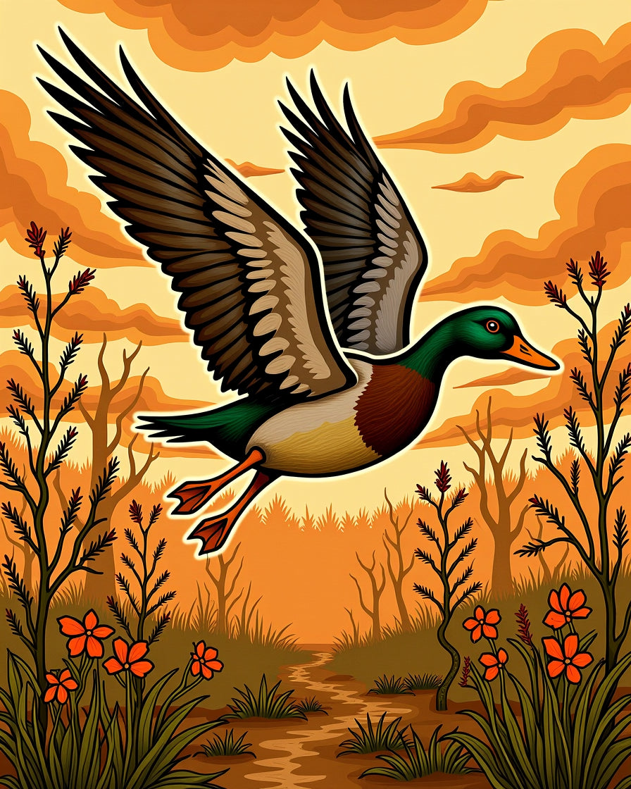 Flying Duck With Orange Sky and Flowers Rug
