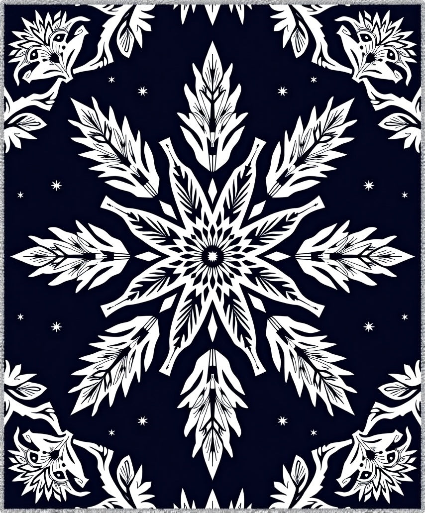 Dark Blue White Snowflake Mandala Rug