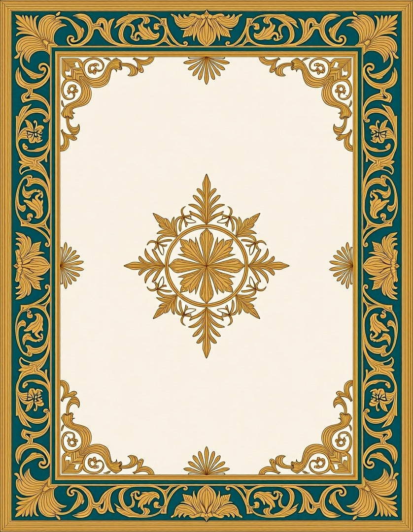 Ornate Teal Gold Damask Medallion Rug