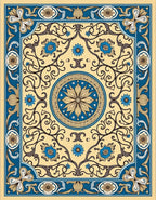 Cream Blue Floral Medallion Scrollwork Rug