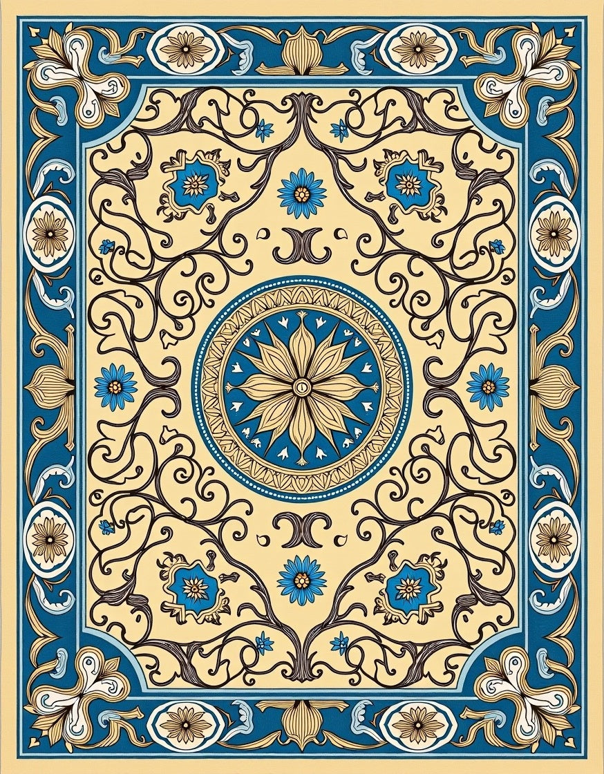 Cream Blue Floral Medallion Scrollwork Rug