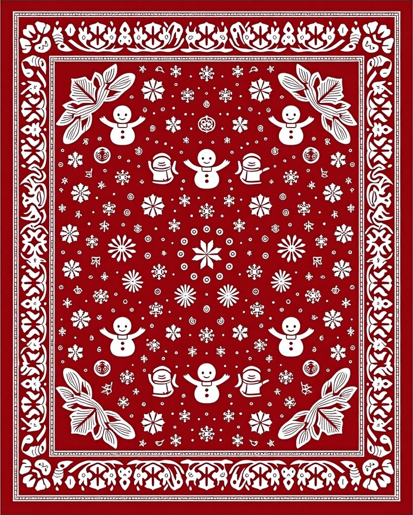 Festive Red Snowman Snowflake Scene Rug
