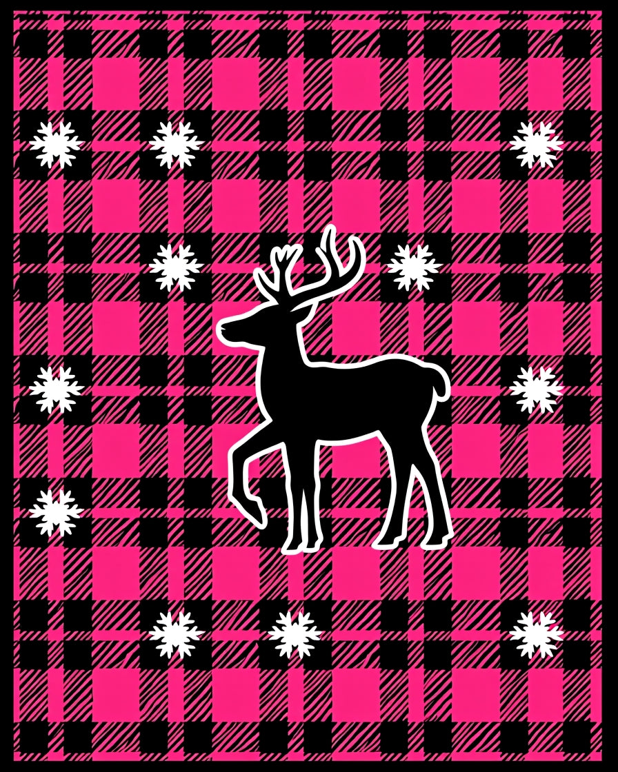 Pink Black Plaid Deer Snowflakes Rug