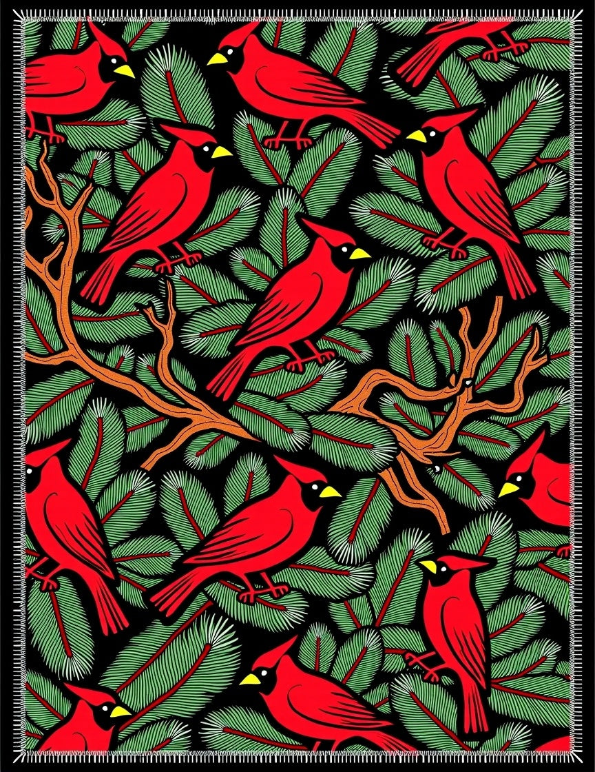 Red Cardinals Amidst Green Pine Sprigs Rug