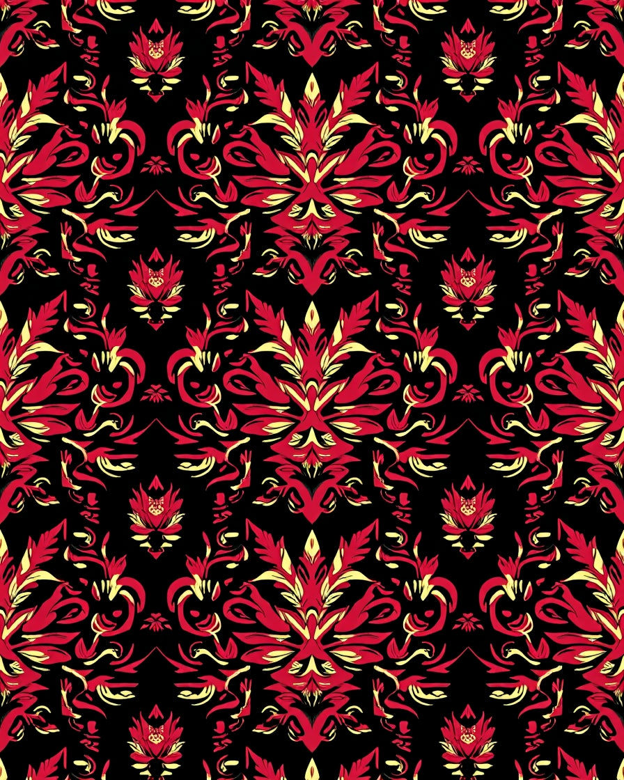 Rich Red Black Curving Floral Rhapsody Rug