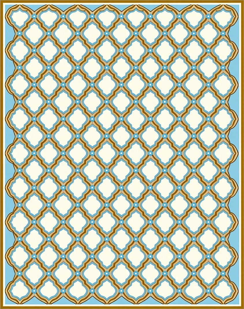 Fretwork Quatrefoil Geometric Blue Cream Rug