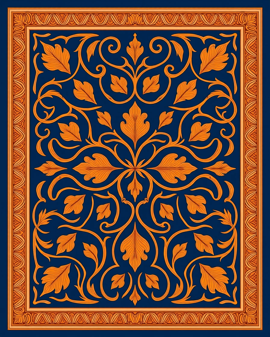 Golden Leaf Scrollwork Navy Rug