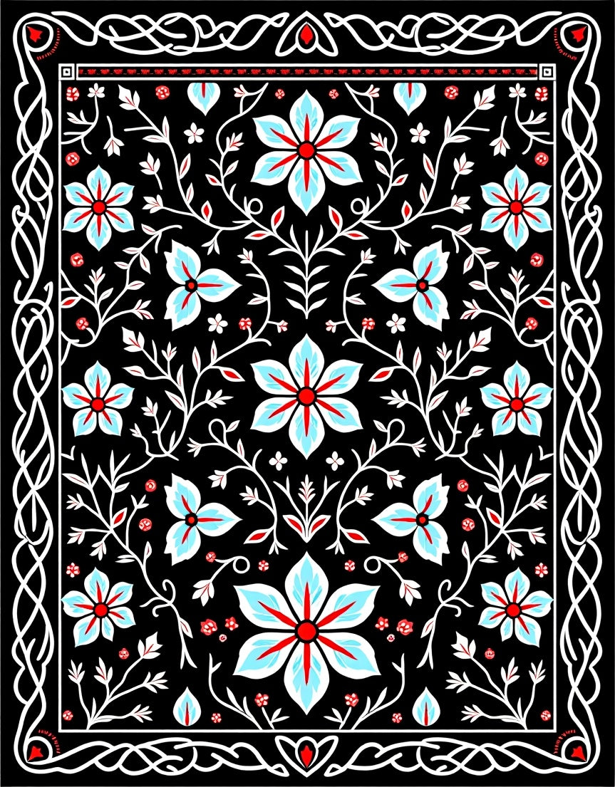 Black Celestial Floral Vine Rug