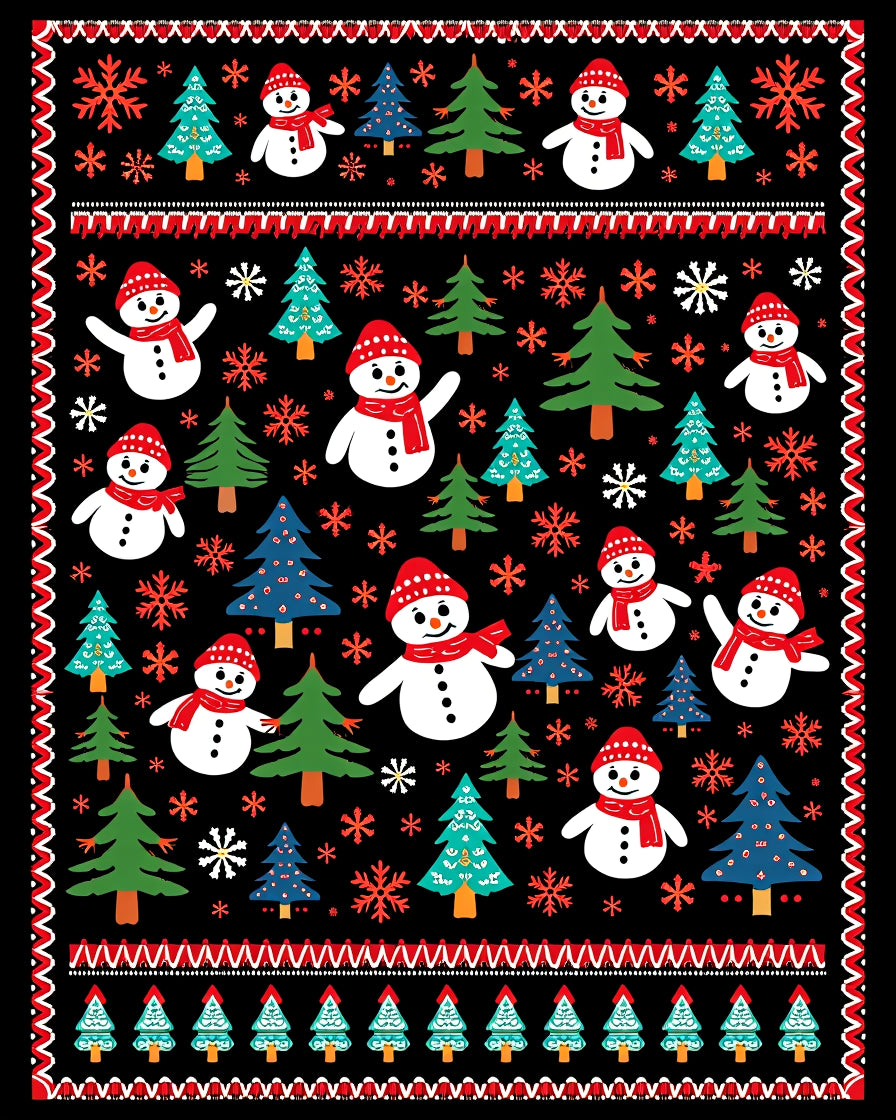 Festive Snowmen Christmas Trees Snowflakes Rug