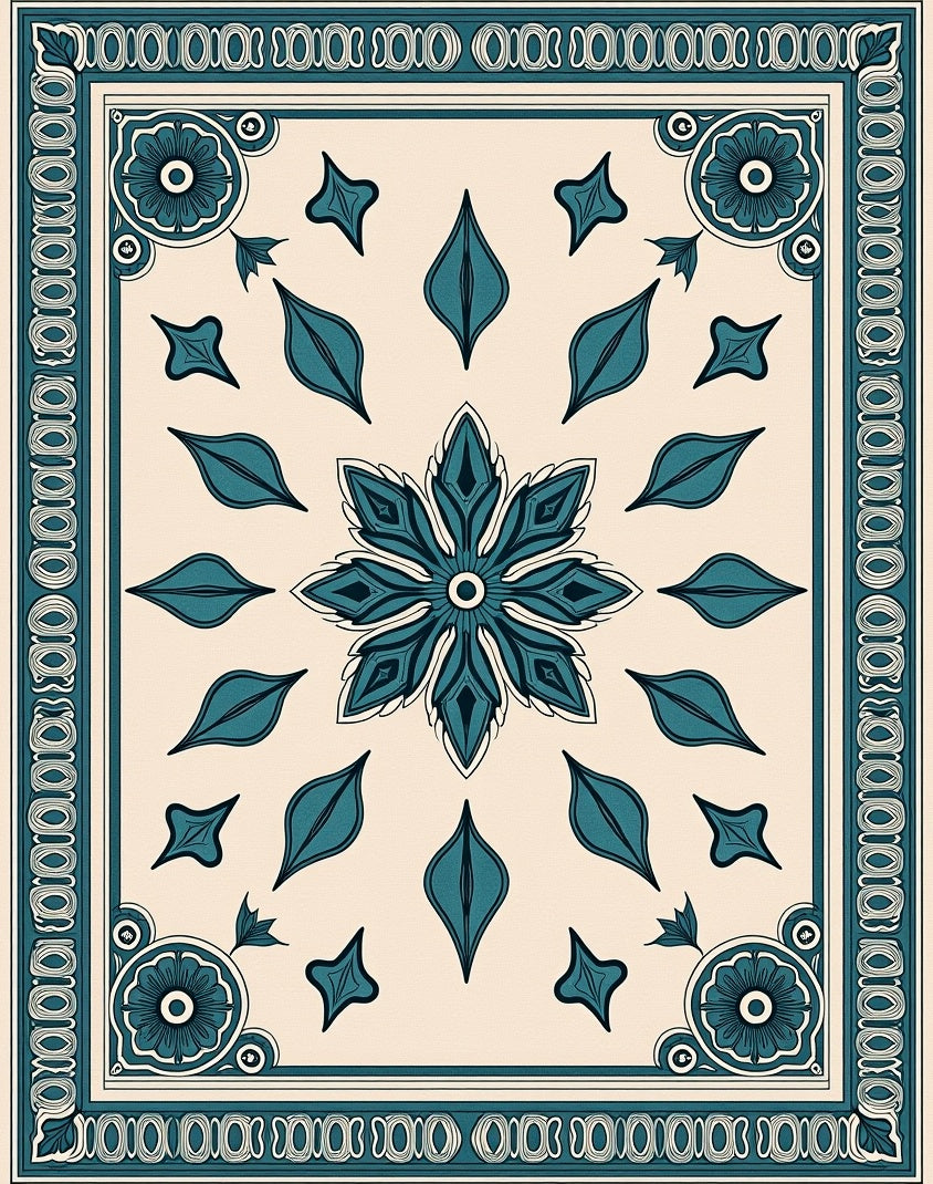 Aqua Cursive Bloom Border Rug