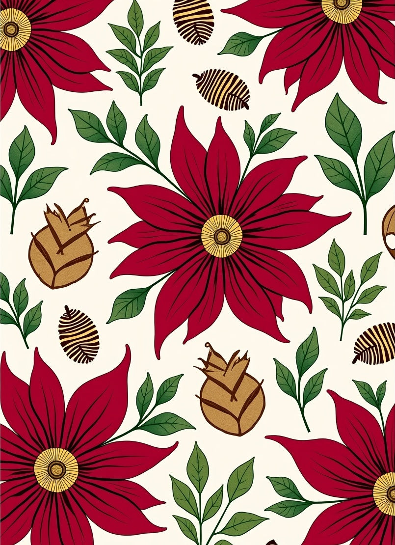 Crimson Flowers Green Leaves Pinecones Rug
