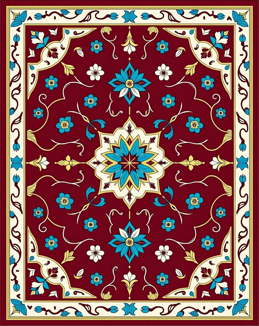 Crimson Floral Medallion Aqua Accents Rug