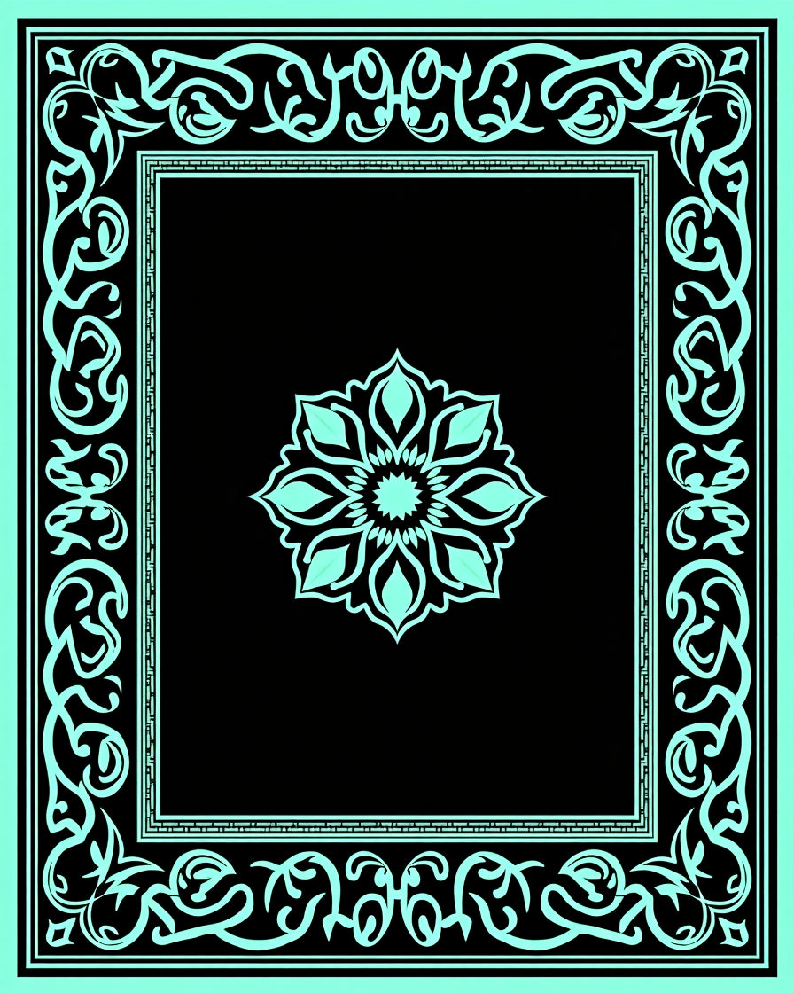 Cyan Black Intricate Floral Mandala Frame Rug