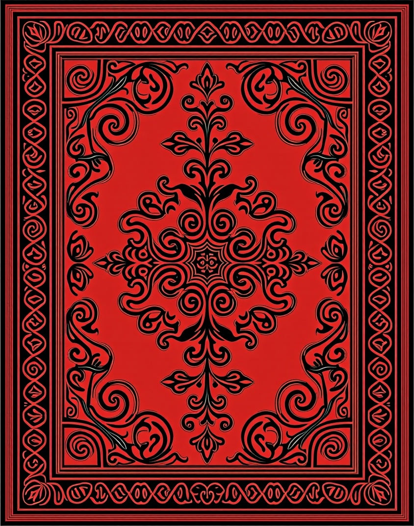 Crimson Black Ornate Scroll Medallion Rug