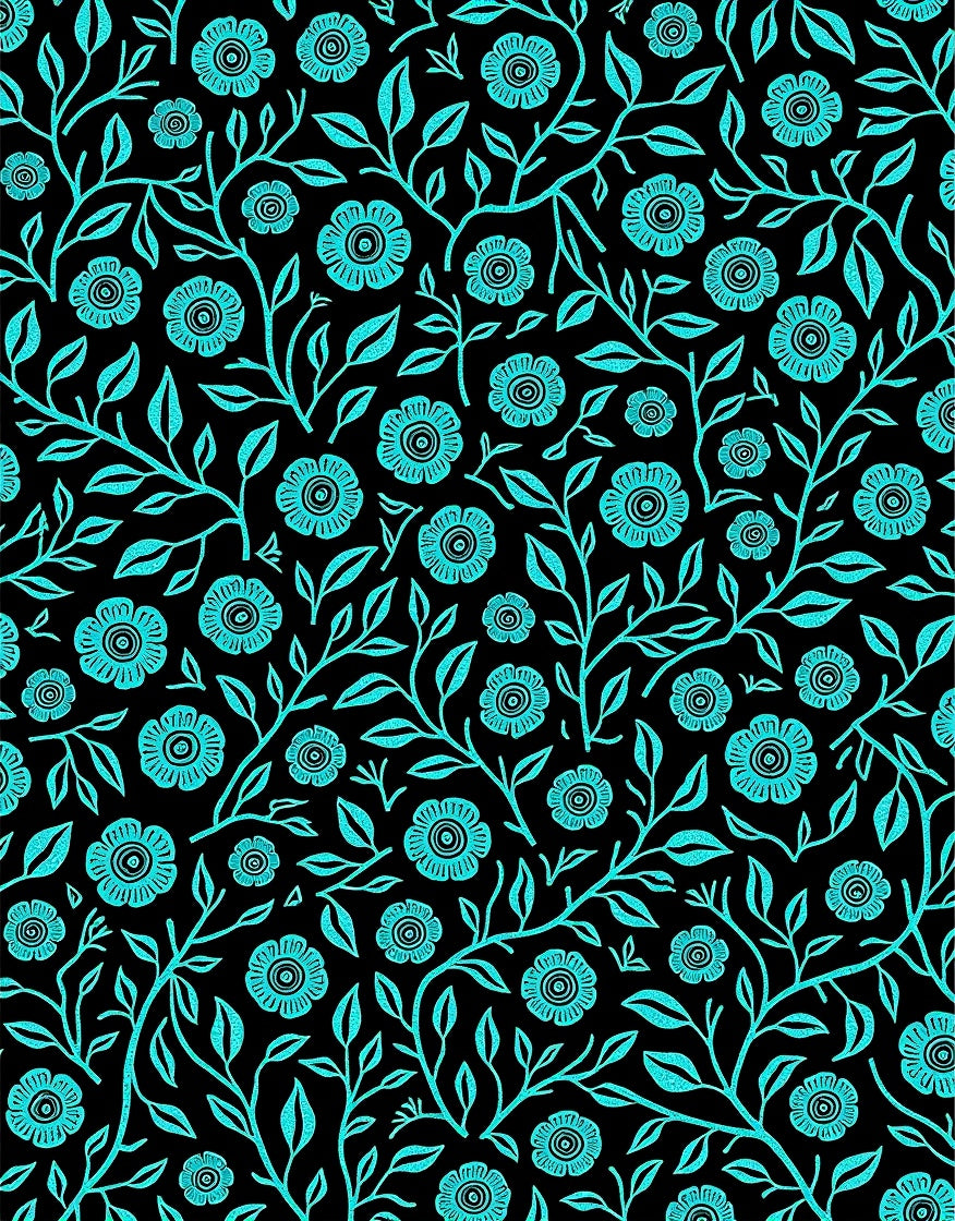 Teal Floral Vine Black Background Rug