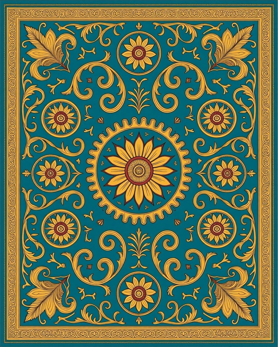 Golden Teal Floral Sunburst Rug