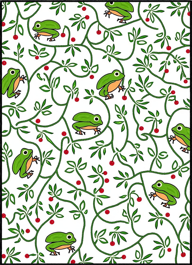 Whimsical Green Frogs Berry Vines Rug