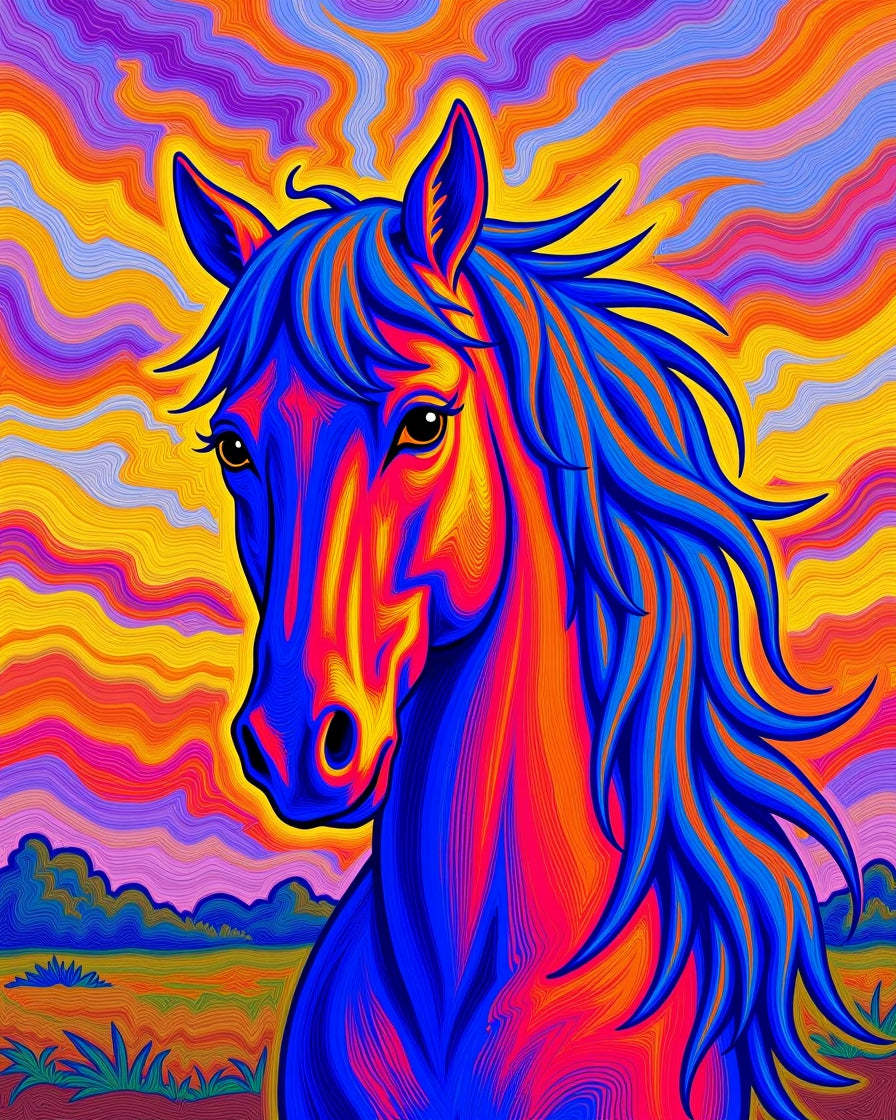 Vibrant Psychedelic Horse Landscape Rug