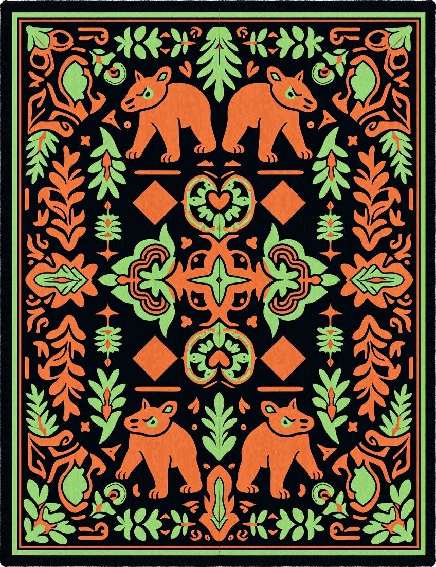 Orange Bears Black Folk Art Rug