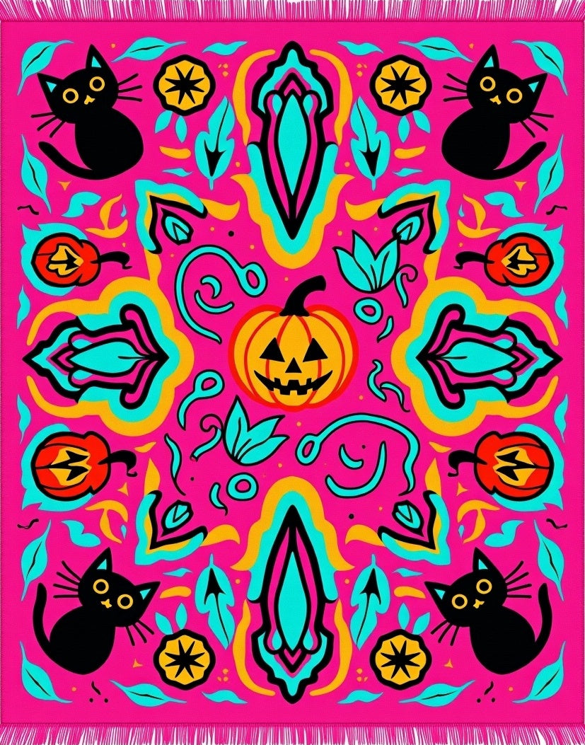 Bright Pink Halloween Black Cat Pumpkin Rug