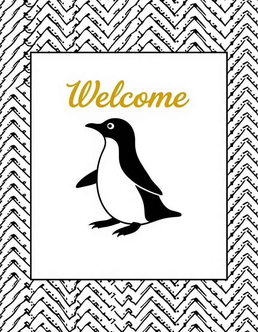 Black White Penguin Golden Welcome Art Rug