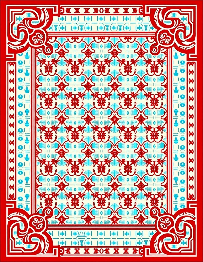 Ornate Red Turquoise Geometric Medallion Rug