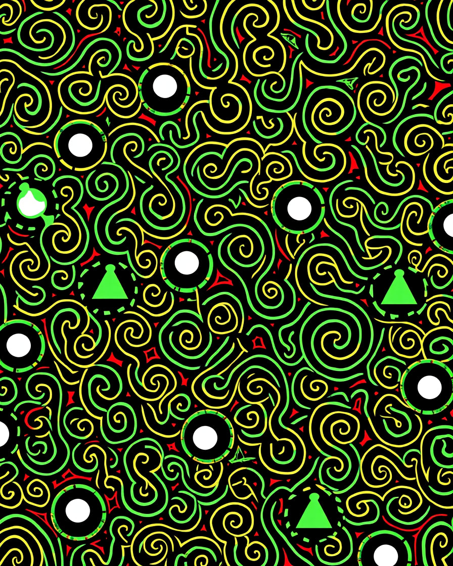 Black Green Yellow Swirl Geometric Rounds Rug