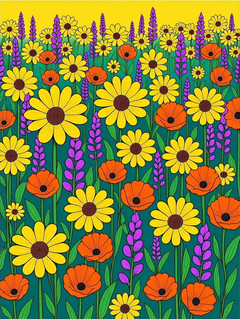 Sunny Yellow Orange Floral Field Rug