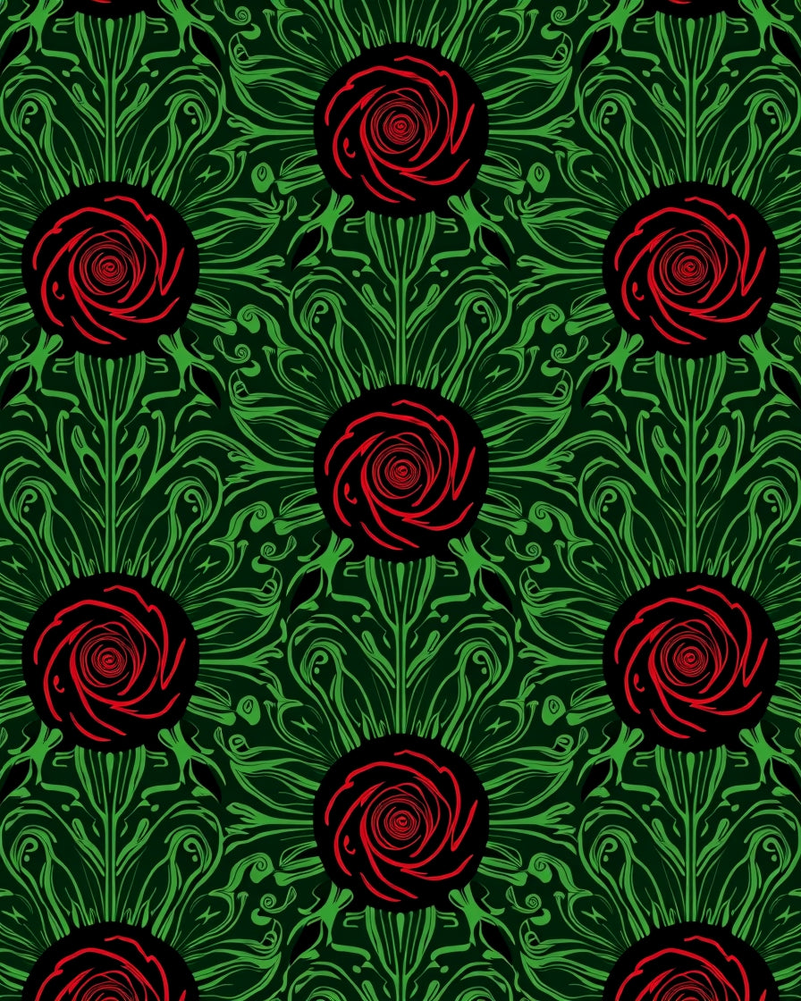 Dark Emerald Red Rose Swirls Rug