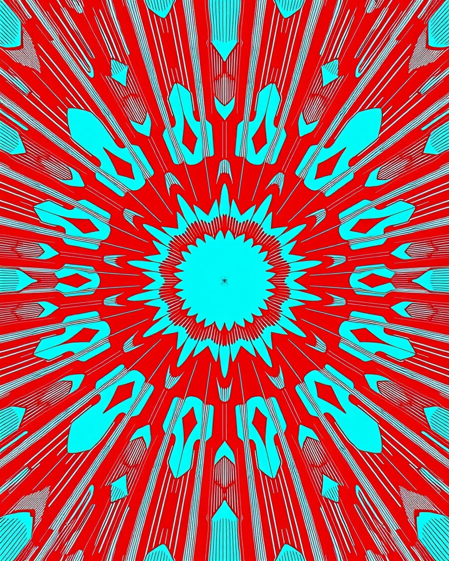Vibrant Red Cyan Radial Explosion Rug