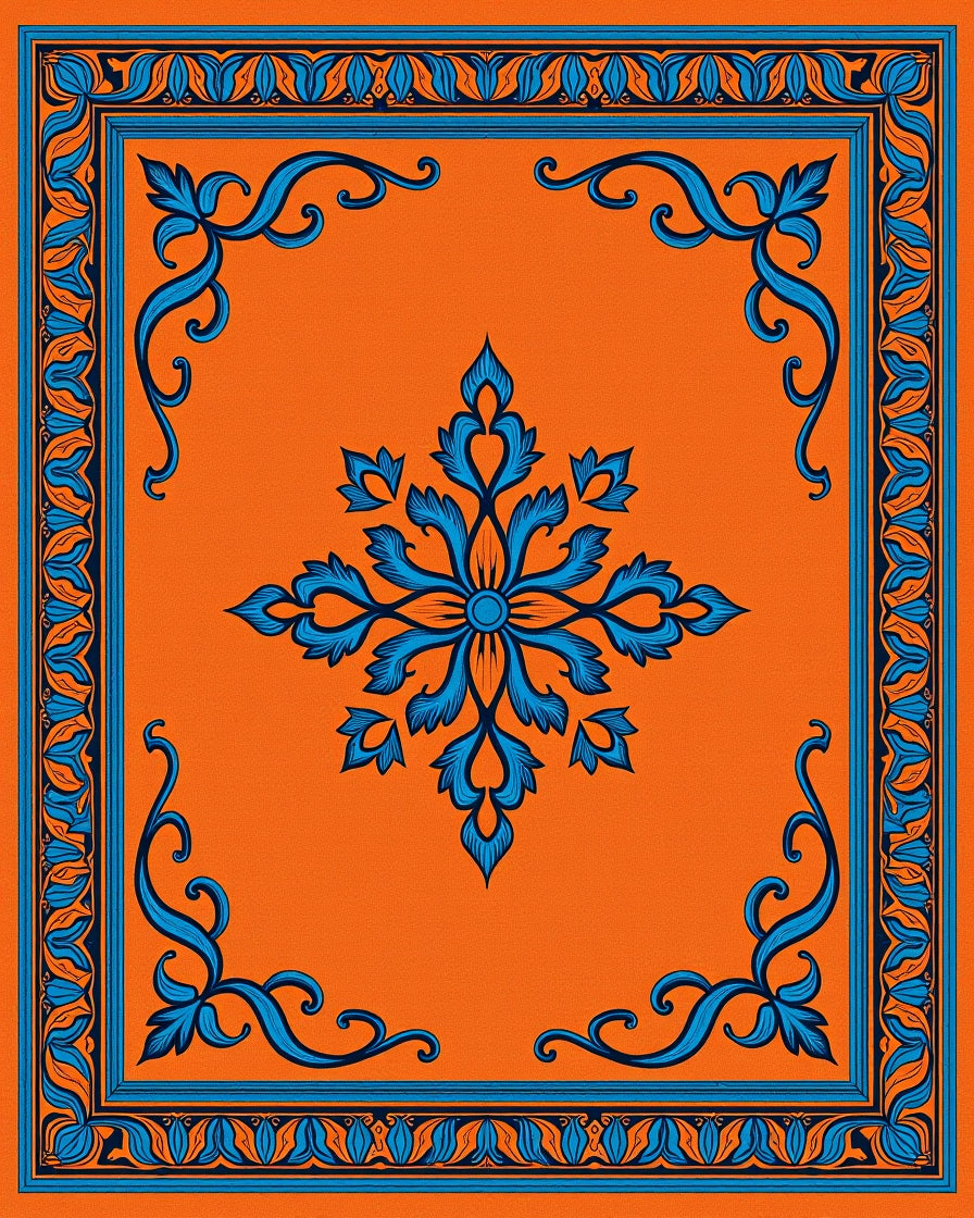 Bold Blue Orange Floral Frame Rug