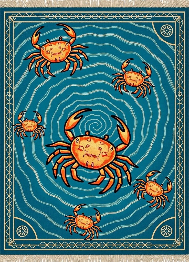 Orange Crabs Amidst Blue Swirling Waves Rug