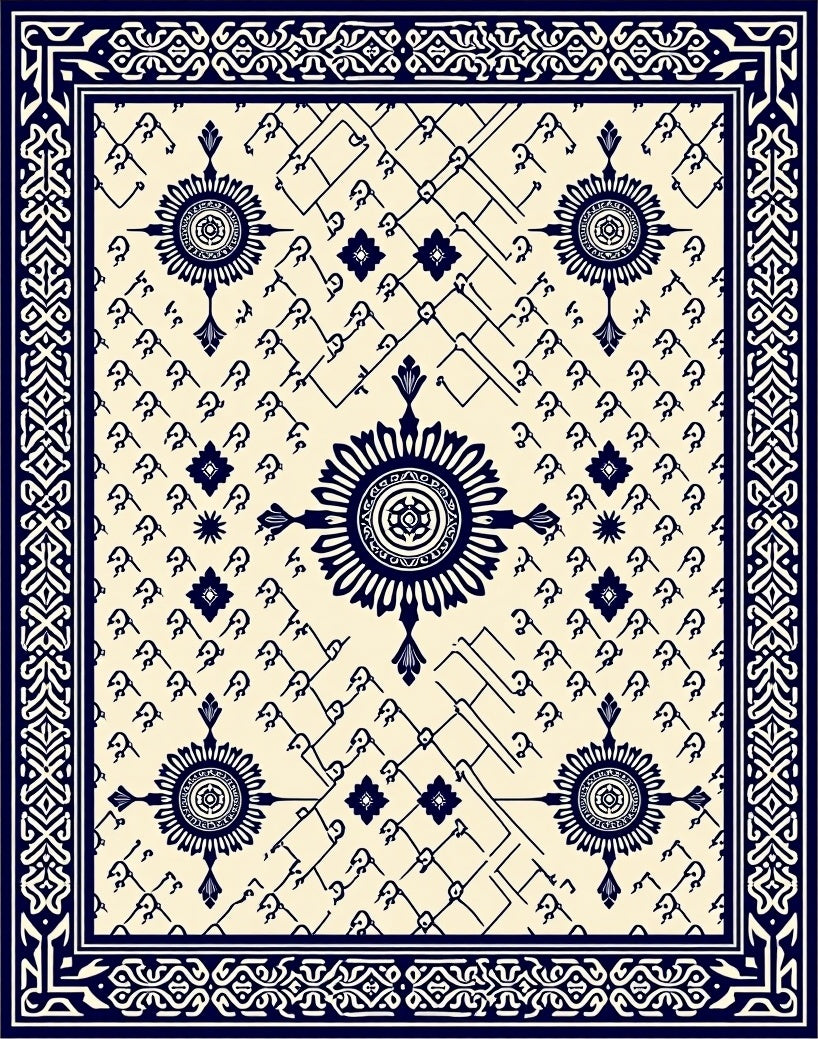 Navy Blue Medallion Geometric Cream Rug